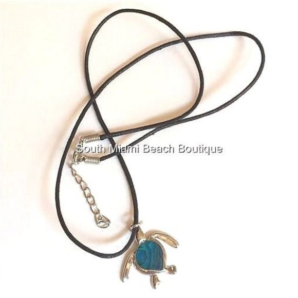 Silver Abalone Sea Turtle Surfer Necklace 22" Blue Shell Mens Womens Island - Picture 3 of 10